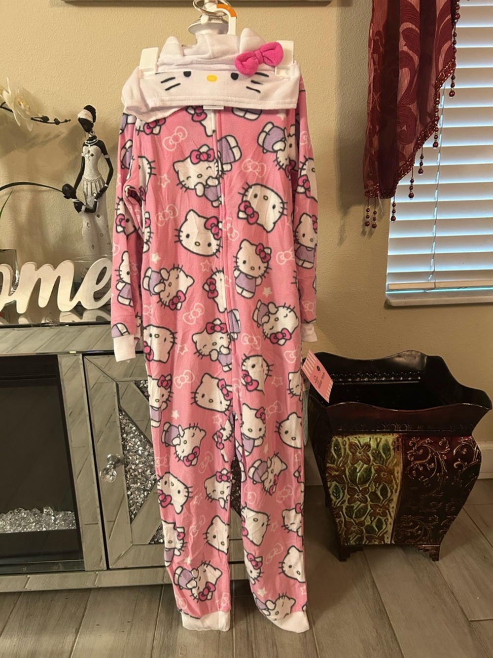 Hello Kitty Pink Hooded Fleece Onesie Pajamas with Face Hood